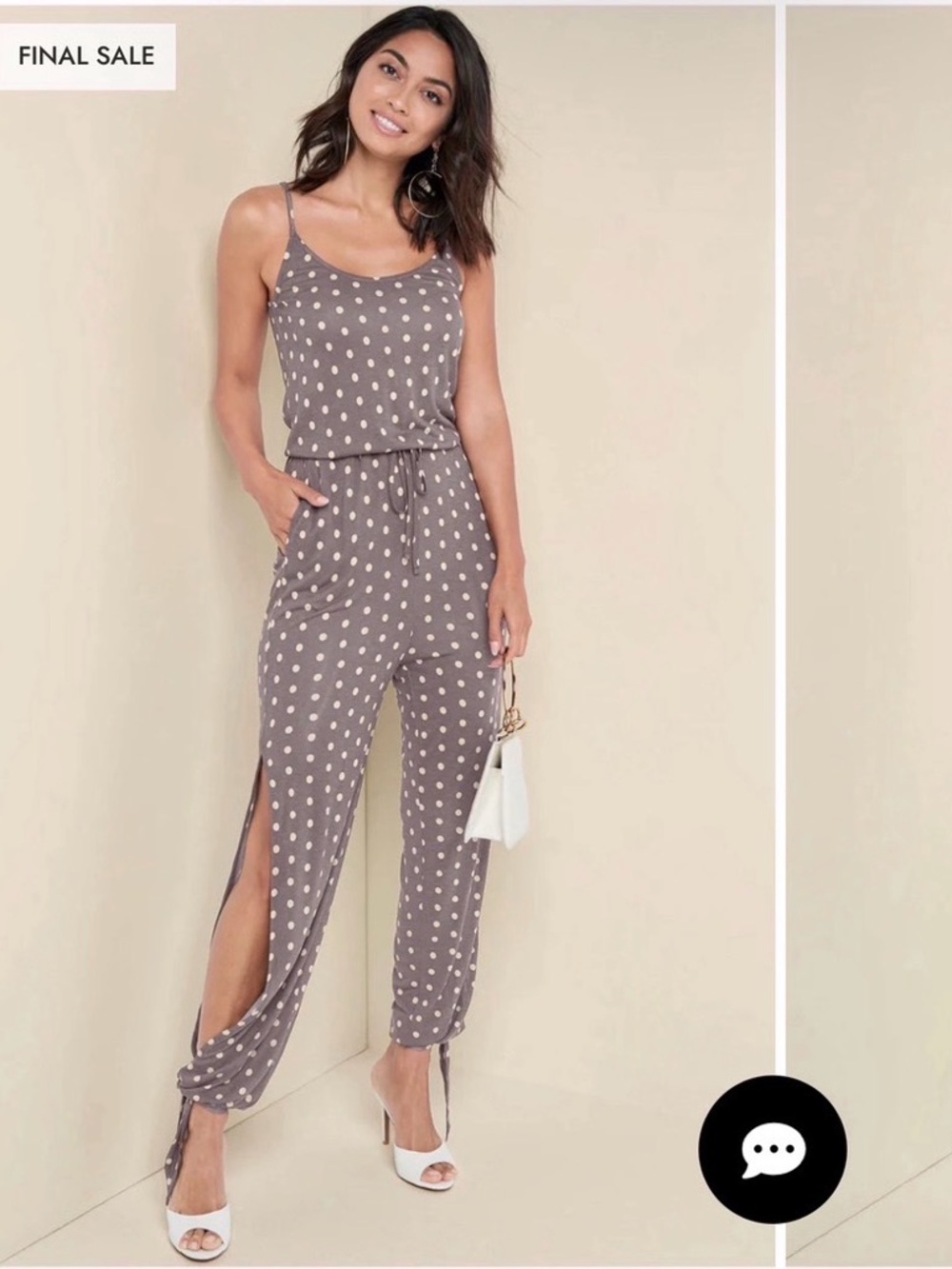 VENUS Taupe Polka Dot Sleeveless Drawstring Jumpsuit Sz XS
